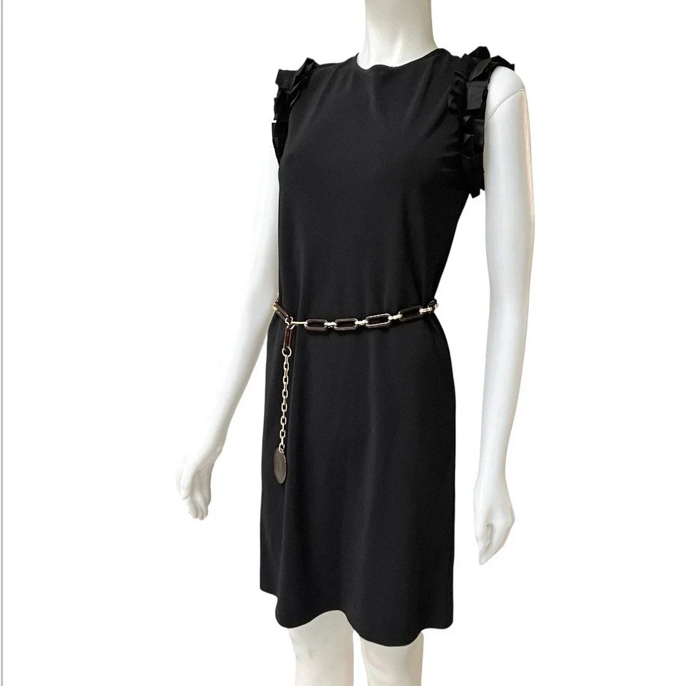 Tory Burch Black Ruffle Shoulder Bow Back Shift Dress Old Money Chic LBD‎ Sz S/P